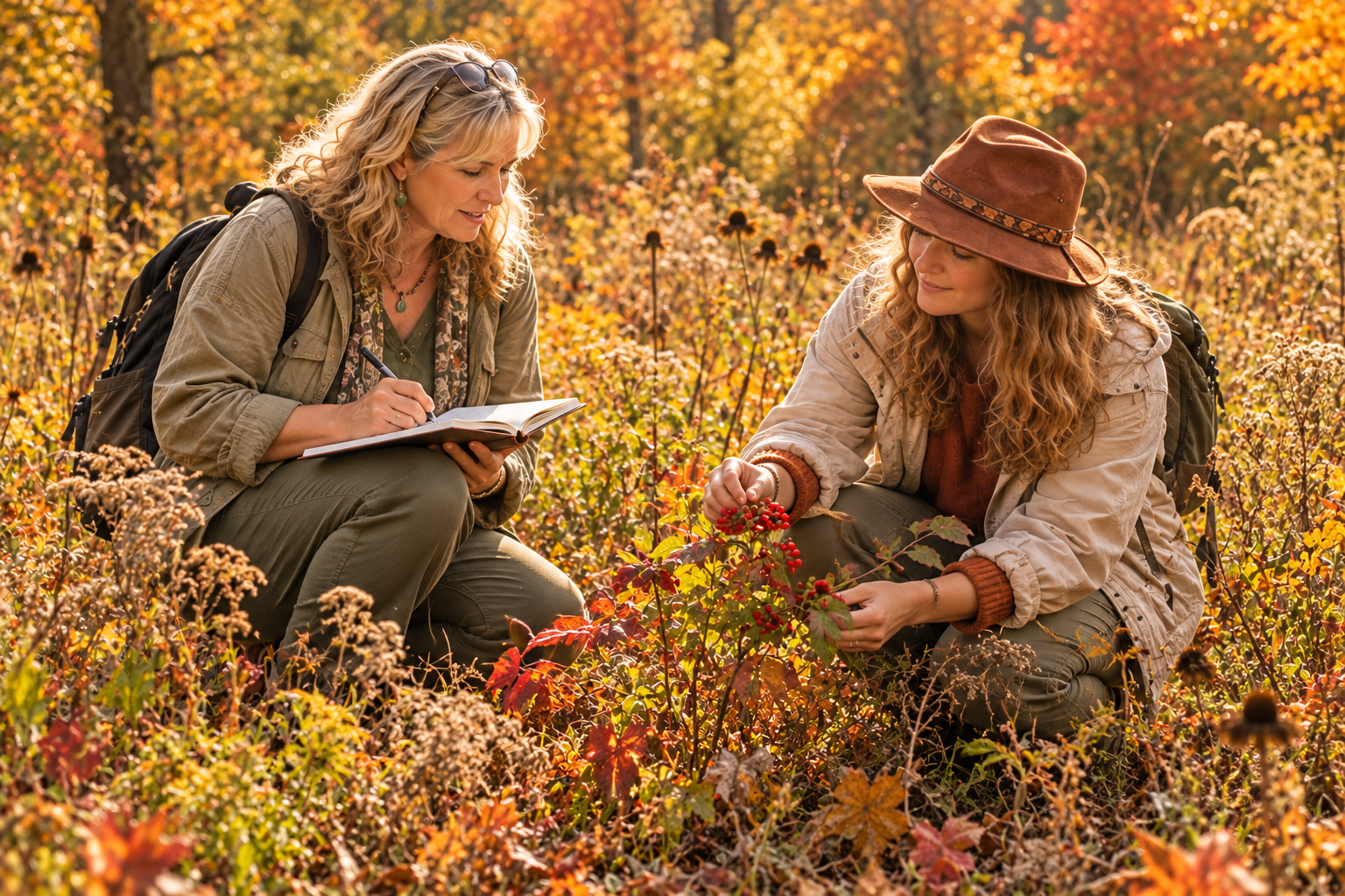 Two women herbalism students learning about Fall foraging. They are in a sunny field with fall colors studying berries