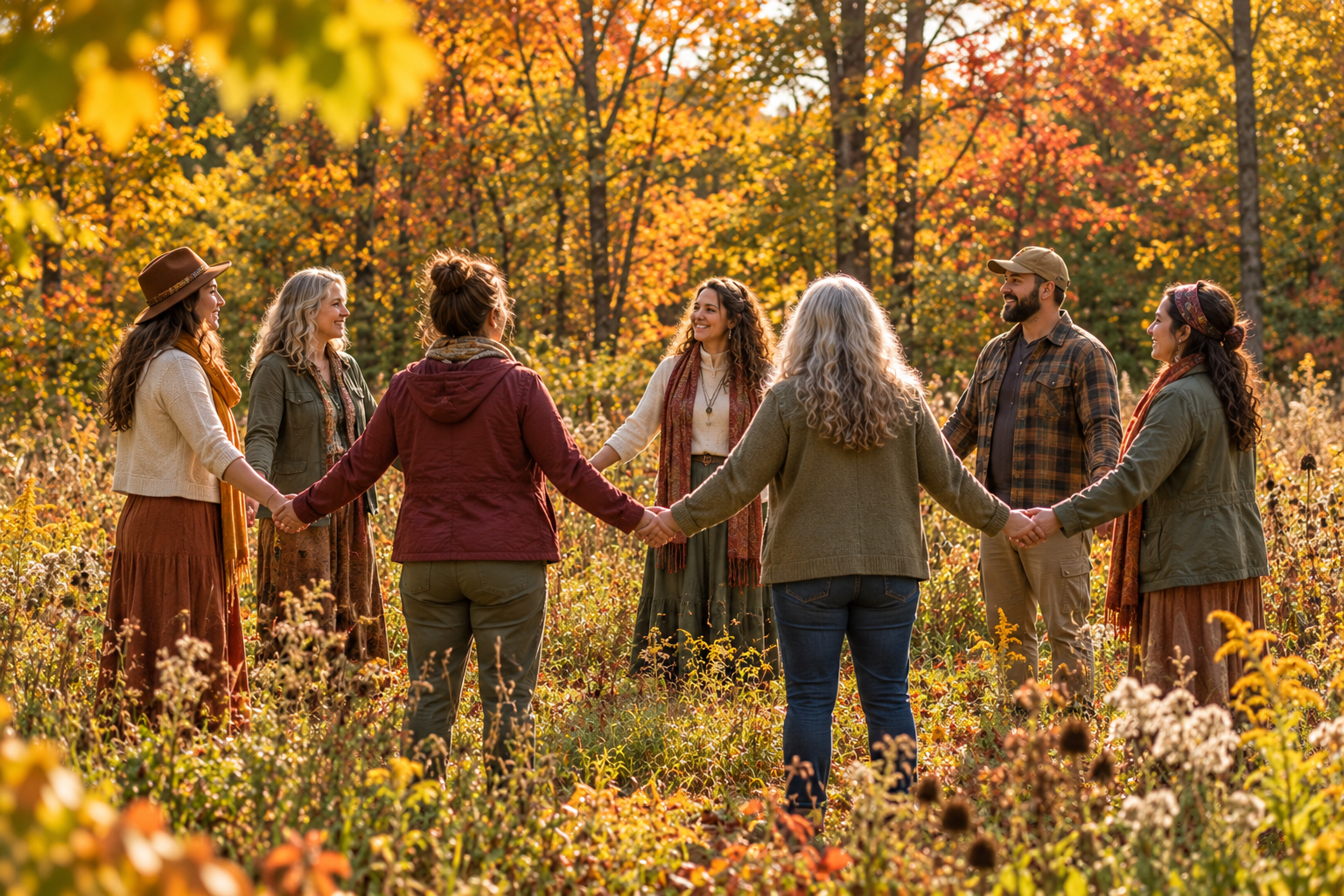group of 6 women and 1 man in a circle holding hands. Fall foliage surrounds them and the sun is shining.