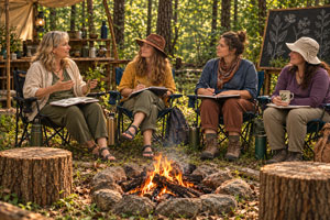 Three women and their instructor, Gail, discussing what they've learned during the day. All sit in front of a small campfire in the Summer surrounded by logs and trees.