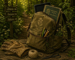 An herbalist student's backpack with supplies including coloring pencils, books, gloves, string and scissors.