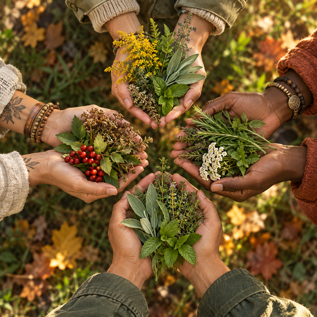 Four pairs of hands , each holding bundles of herbs in colors of green, red, yellow, and brown.