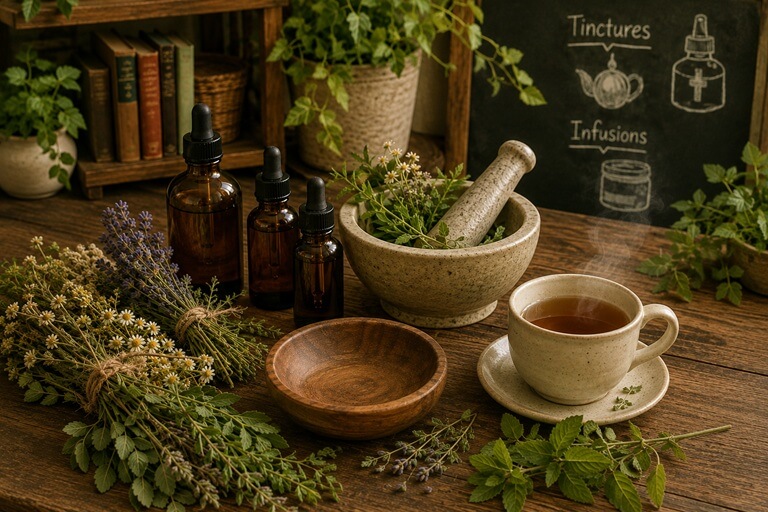 An image of a wooden table with a bundle of chammomile, lavender and mint. A steamy cup of coffee on a saucer sits next to an empty wooden bowl. A mortar and pestle have fresh herbs ready to grind. A few empty amber bottles and books are nearby.