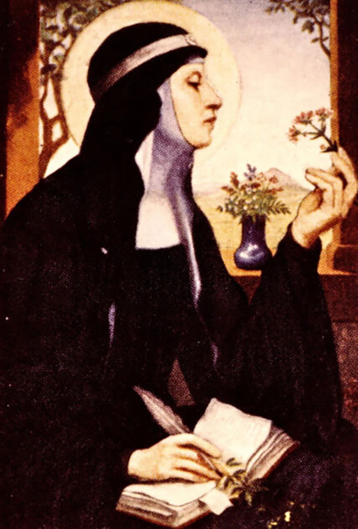 An image of the 11th century nun, Hildegard of Bingen who is looking at a flower in front of a window and taking notes with her feather pen.