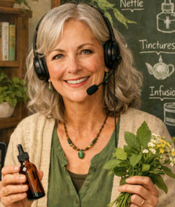 Image of Instructor, Gail. She is smiling and has gray middle length hair, a green top, cream colored cardigan and is holding a bundle of herbs and a tincture bottle.