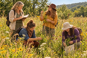 Two standing and two sitting women in a Summer sunny field gathering flowers and grasses for study. A standing woman on the far left is taking notes.