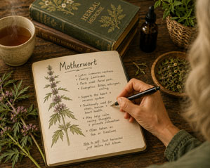 An image of a right hand taking notes with a pen. A notebook listing information about the Motherwort plant as well as a color illustration is present. A cup of tea and a stack of books are alongside the notes.