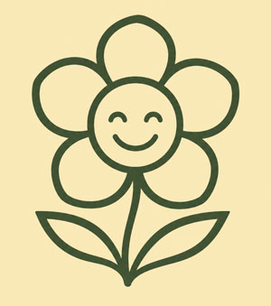 A smiling flower in dark green outline and a cream colored background.